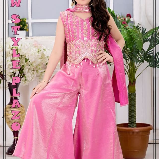 Bright pink with gold metallic accents Peplum Top and Palazzo Set