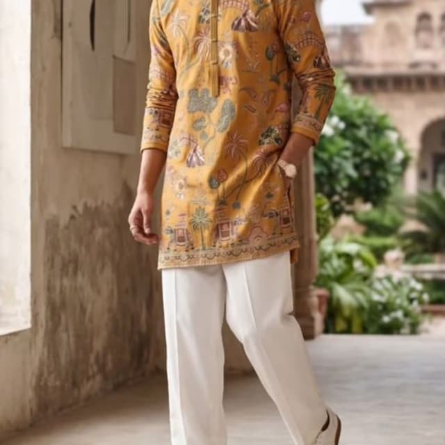 Mustard Yellow, White, Multi-color print accents Kurta with Trousers