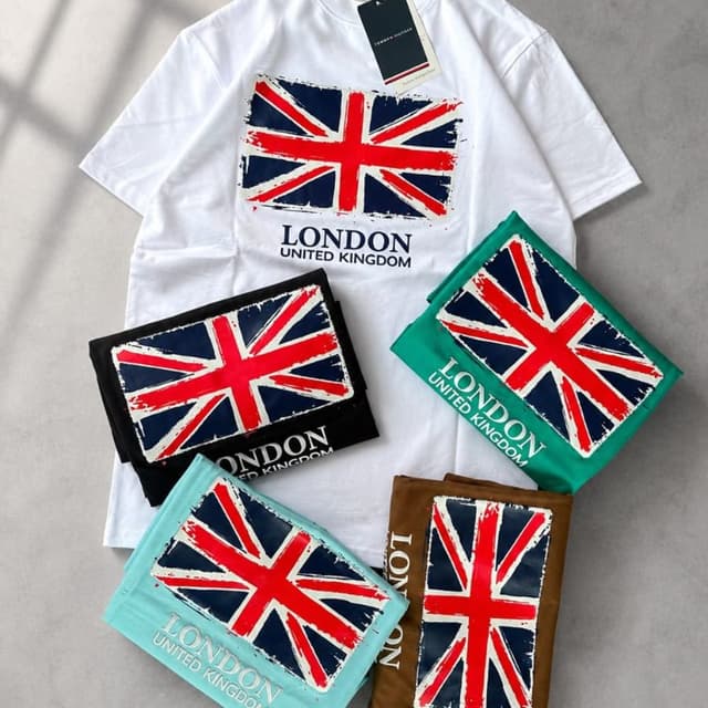 Multicolor including white, black, green, brown, light blue, navy blue, and red T-shirt