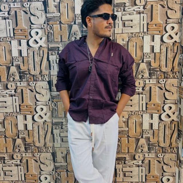 Deep purple shirt with crisp white trousers Shirt and Trousers Outfit