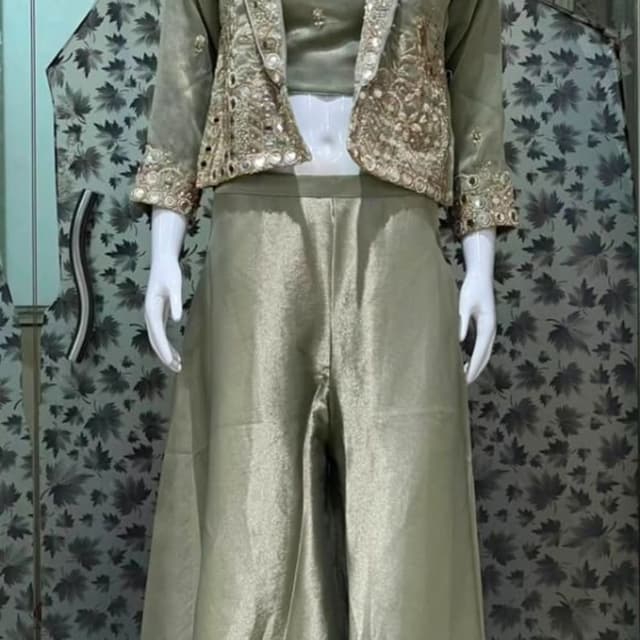 Sage green, metallic gold, champagne Co-ord set with jacket, crop top, and palazzo pants