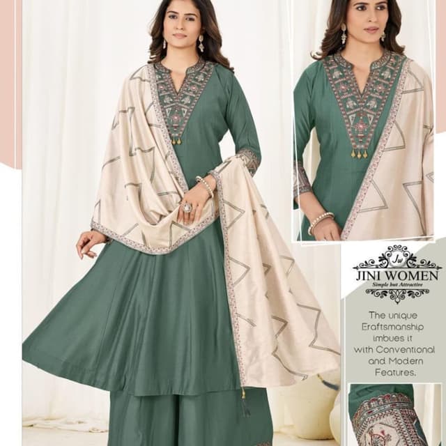 Sage green, beige/off-white Kurta with Palazzo and Dupatta Set