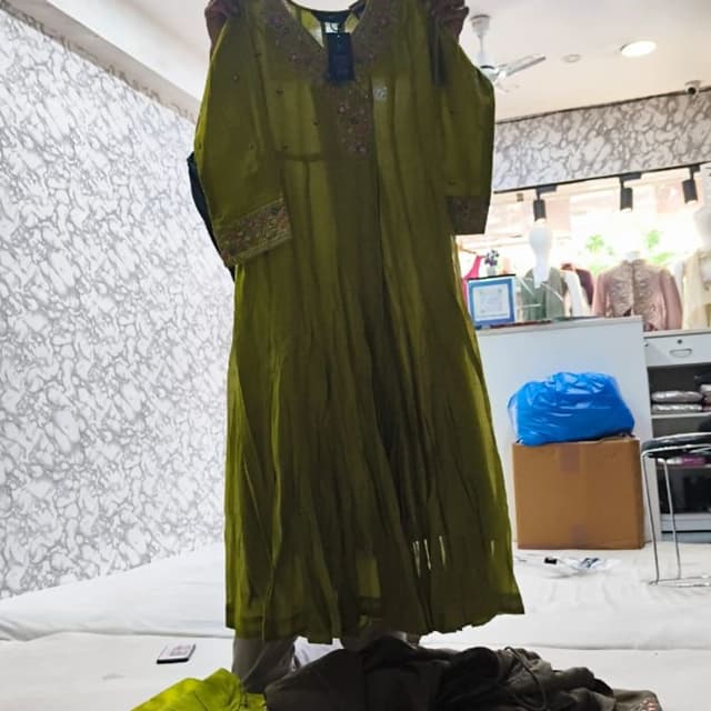 Olive green, muted earthy tones Anarkali Suit Set