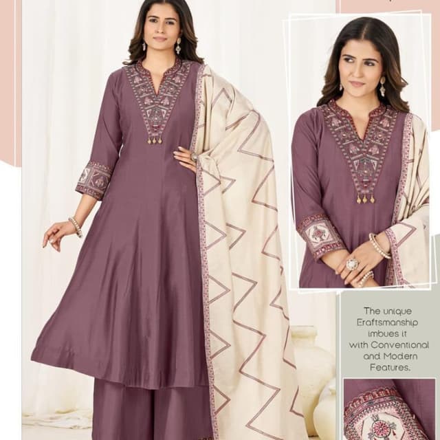 Dusty Purple, Cream, Maroon Kurta Set with Palazzo and Dupatta