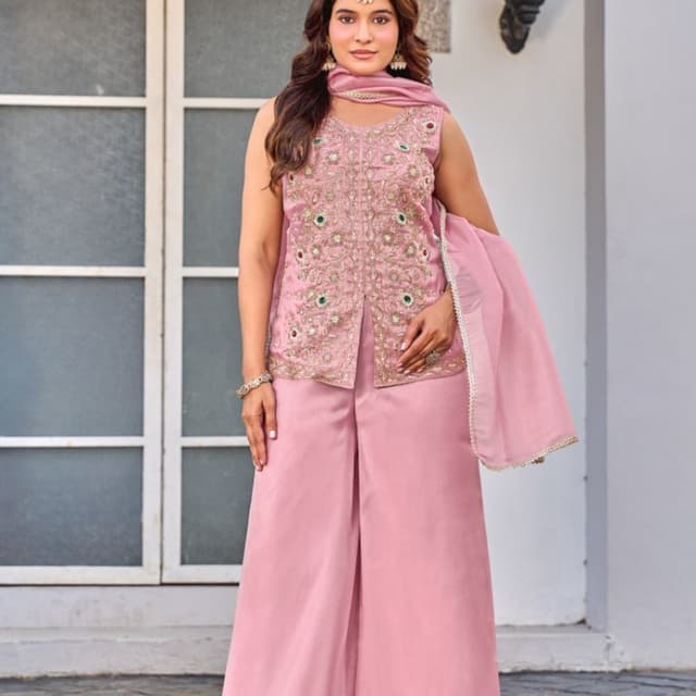 Dusty Pink, Gold, Emerald Green Co-ord Set with Dupatta