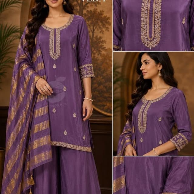 Deep Purple, Gold Kurta Set with Palazzos and Dupatta