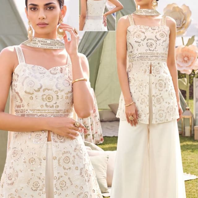 Off-white or cream with metallic gold and silver accents Pant suit set
