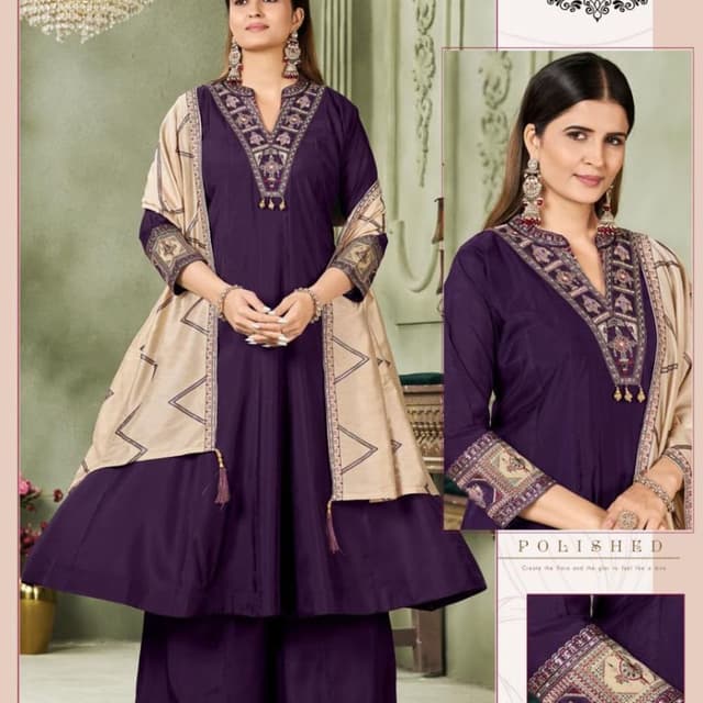 Deep purple, beige, and earthy gold accents Kurti with palazzo and dupatta set