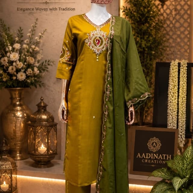 Mustard Yellow and Olive Green Salwar Kameez Set