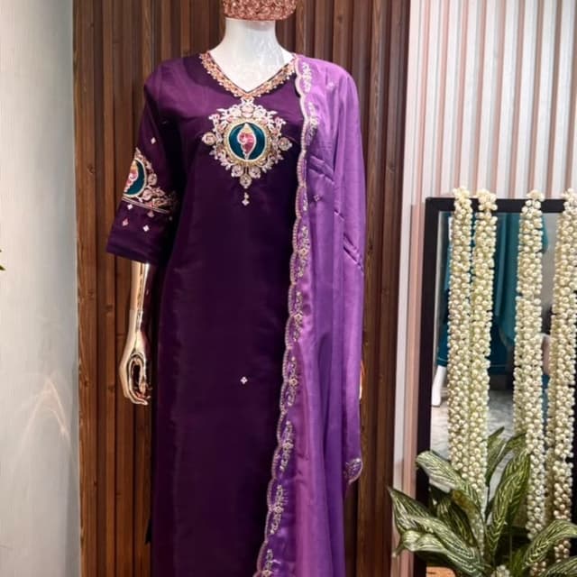 Deep purple, vibrant magenta-purple, teal, and gold accents Salwar Kameez Set