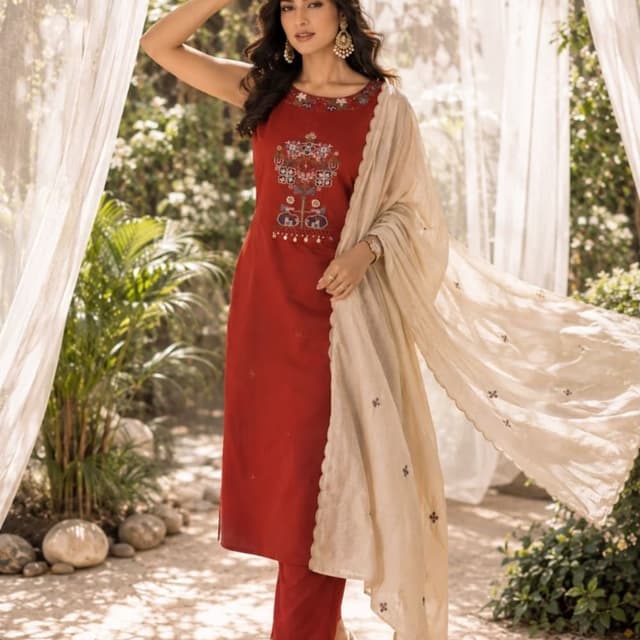 Deep red (maroon) kurti and pants, light cream (off-white) dupatta Kurta Set with Dupatta