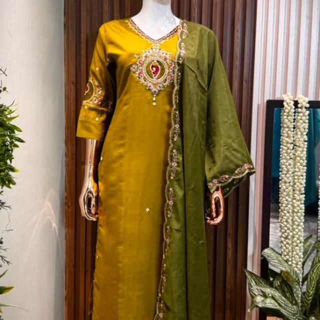 Mustard yellow and olive green Salwar Kameez Set