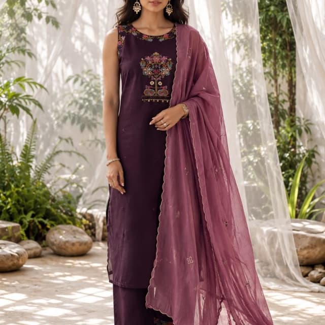 Deep purple, eggplant, with multi-colored embroidery Salwar Kameez Set