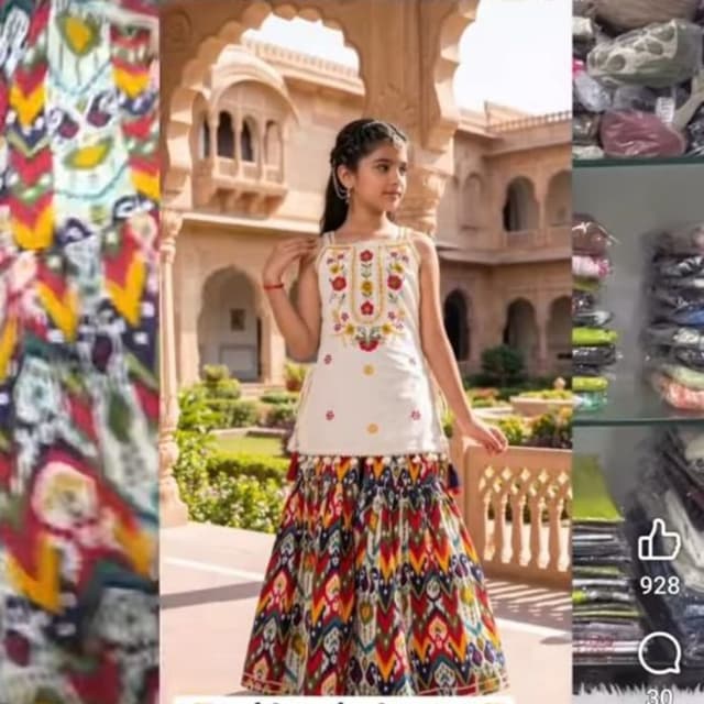 White base with multicolor floral embroidery and multi-colored chevron patterned skirt Sharara Set