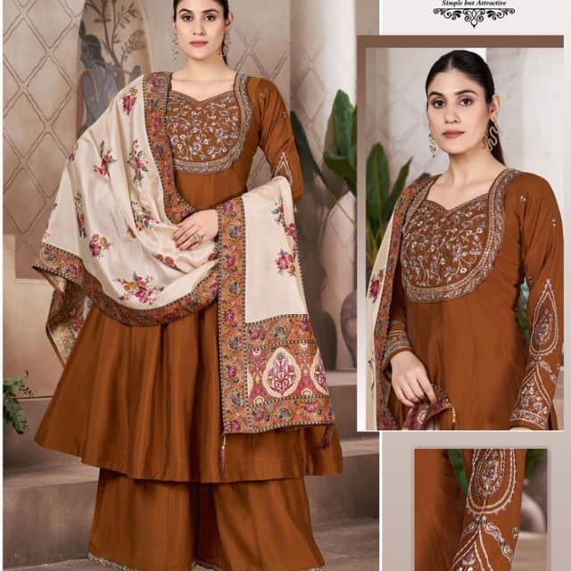 Brown and Cream/Off-white with multi-colored floral accents Salwar Kameez with Palazzo/Sharara set