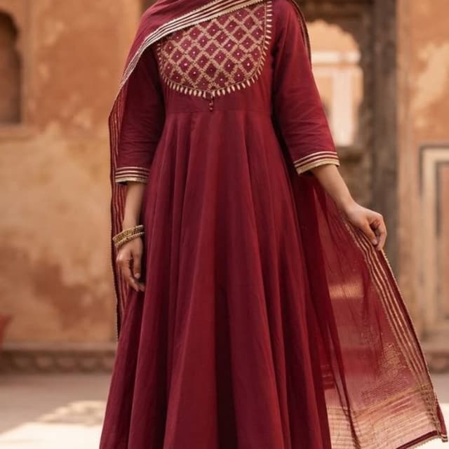 Deep maroon with gold metallic accents Anarkali Suit Set