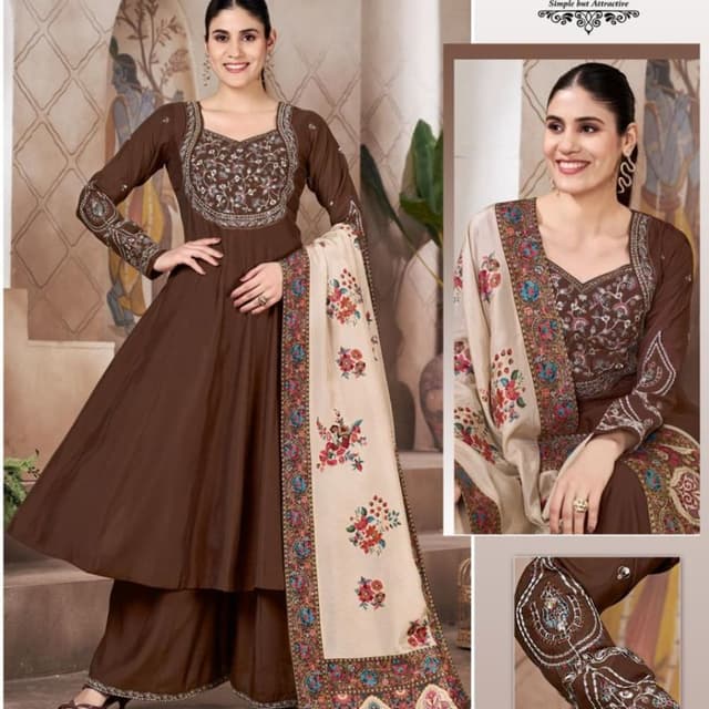 Dark brown base with cream, red, blue, and green floral accents Salwar Suit Set (Kurti with Palazzo and Dupatta)