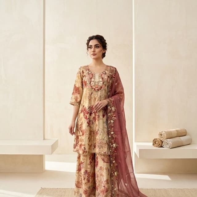 Beige base with floral prints in shades of maroon, deep red, and terracotta, complemented by a solid maroon dupatta Salwar Kameez Set