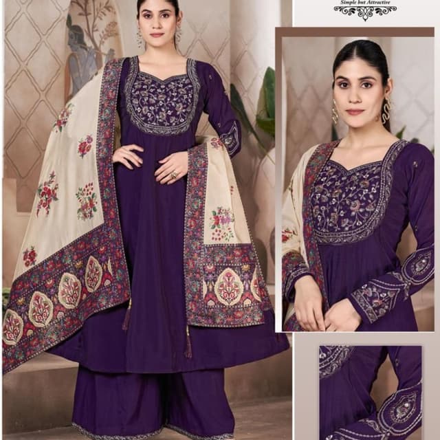 Deep purple, cream, multi-colored floral accents Salwar Kameez with Dupatta
