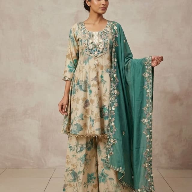 Beige, Teal Green, Off-white Sharara Set