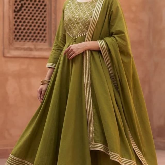 Olive Green and Gold Anarkali Suit Set