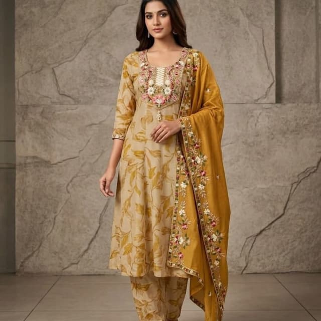 Beige, Mustard Yellow, Pink, Green, White Salwar Kameez Set
