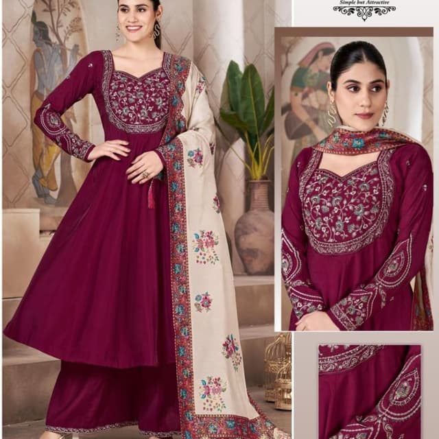 Deep maroon/wine with cream/off-white dupatta featuring colorful floral embroidery in teal, pink, and gold Salwar Kameez/Anarkali Suit