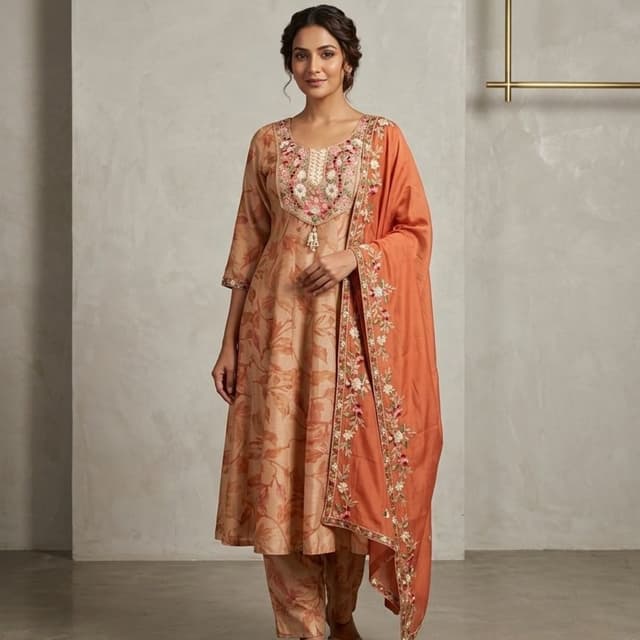 Burnt orange, beige, cream, muted brown Salwar Kameez Set