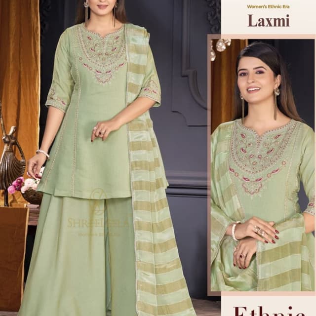 Sage green with metallic gold and accents of pink and white Kurti with Palazzo set and Dupatta
