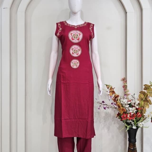 Maroon with pink and gold accents Kurti and Pant Set