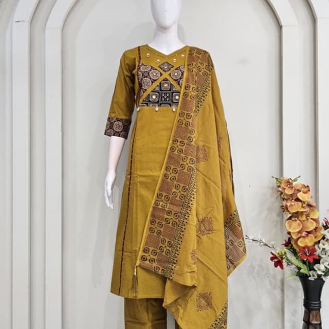 Mustard Yellow, Black, Maroon Kurta Set with Dupatta