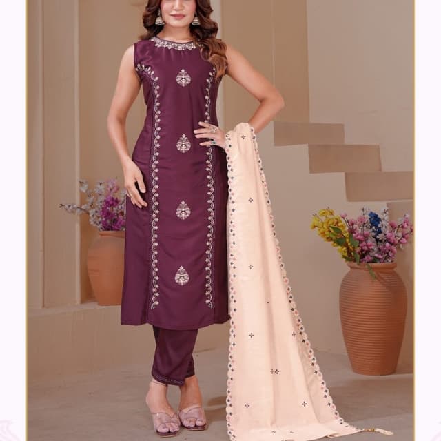 Deep Plum and Light Beige Salwar Kameez Set
