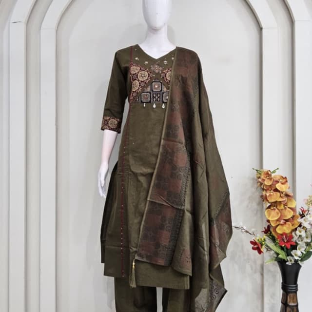 Olive Green with Maroon, Beige, and Black accents Salwar Kameez Set