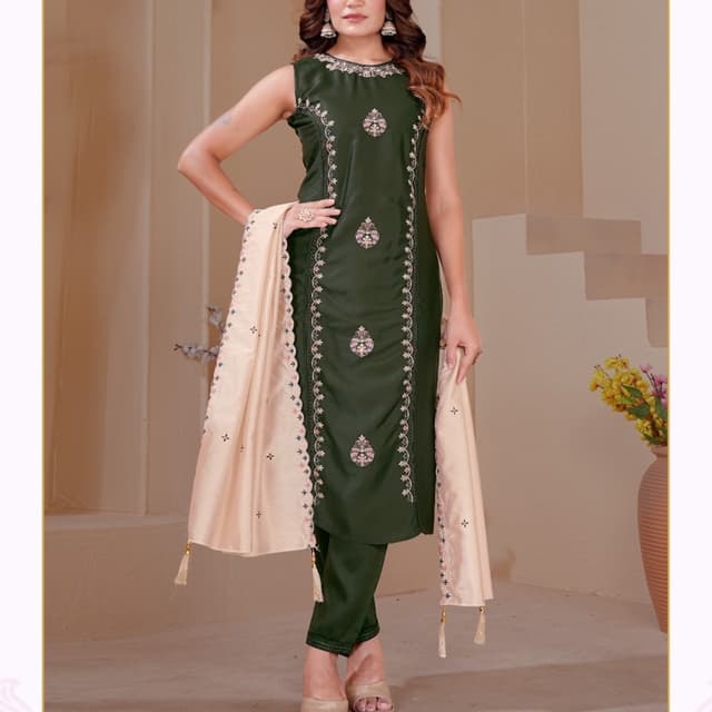 Dark olive green base with cream/off-white dupatta Salwar Kameez Set