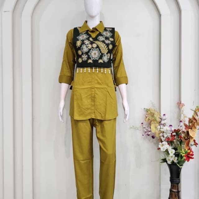 Mustard Yellow and Black with multi-colored thread work Co-ord Set with Vest