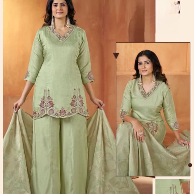 Sage green base with floral accents in shades of pink, purple, and green Kurti with Palazzo set and Dupatta
