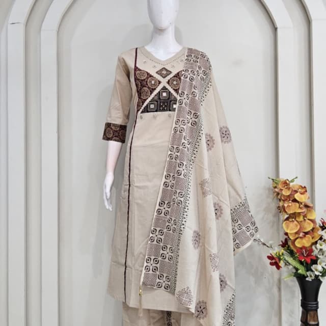 Beige, Brown, Black, and cream Salwar Kameez Set
