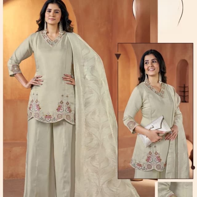 Light sage green or pale pistachio with multi-colored floral embroidery Salwar Suit Set