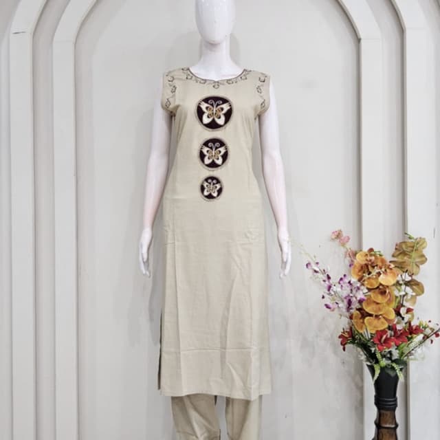 Beige and dark brown Kurti with pants set