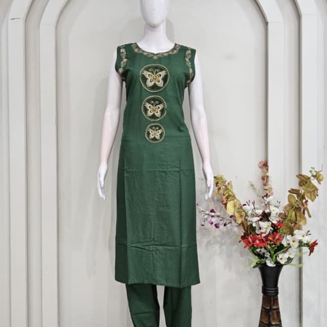 Deep forest green base with gold and multi-colored butterfly embroidery Kurta and Pant Set