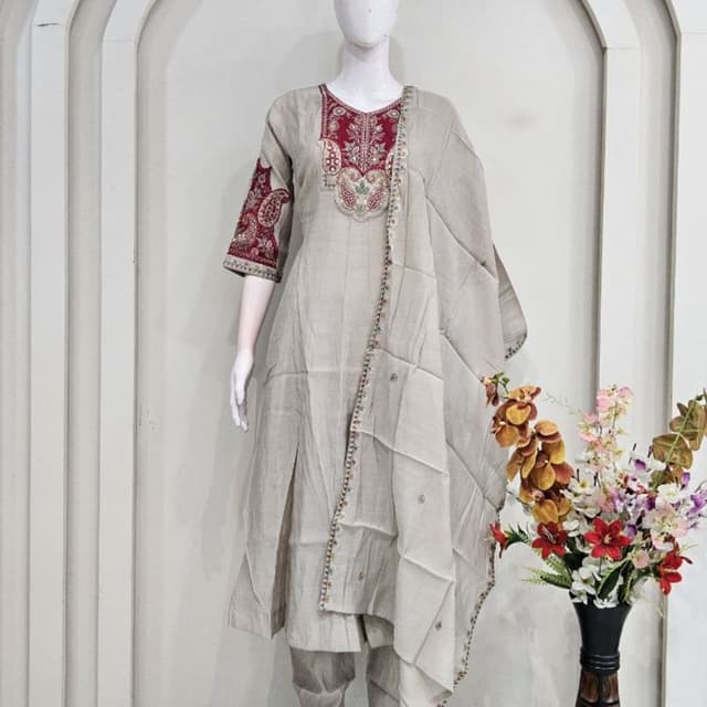 Beige and Maroon Salwar Kameez Set