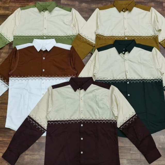 Multi-colored (Cream combined with Earth tones like Olive Green, Mustard Yellow, Brown, and Dark Green) Shirt