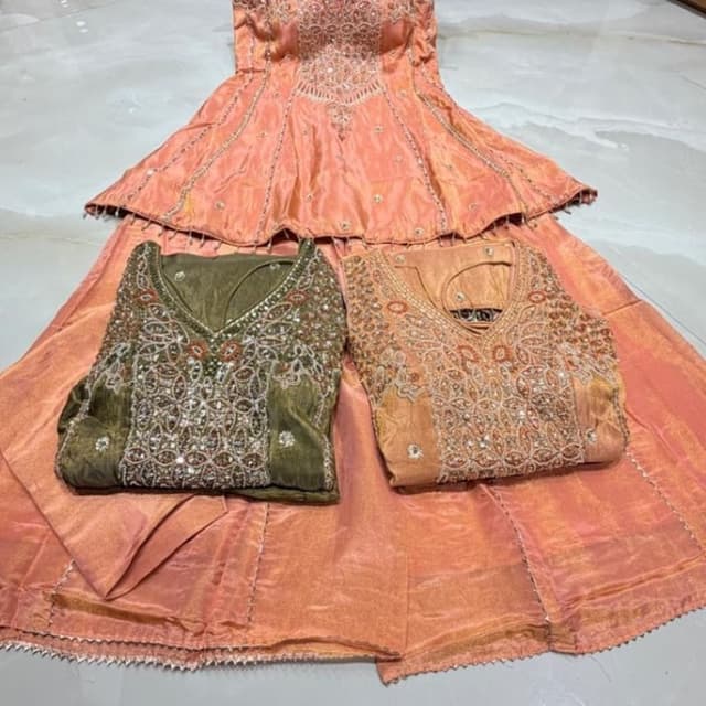 Peach, Olive Green, Gold Peplum Top and Lehenga Set