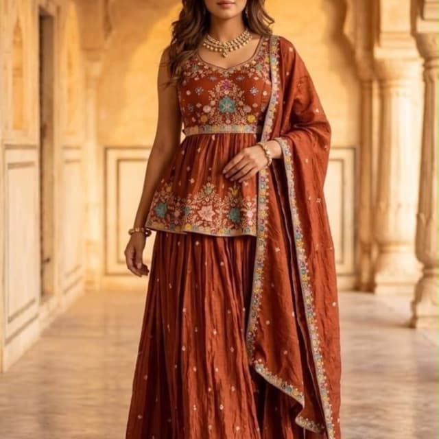 Rust brown, terracotta, accented with multi-color thread work Peplum Sharara Set