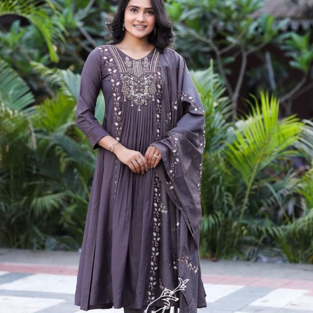 Deep charcoal grey or muted dark plum Kurta Set with Dupatta