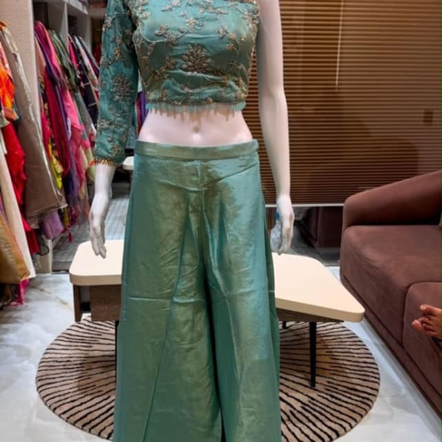 Seafoam green and silver Lehenga Choli with one-shoulder blouse
