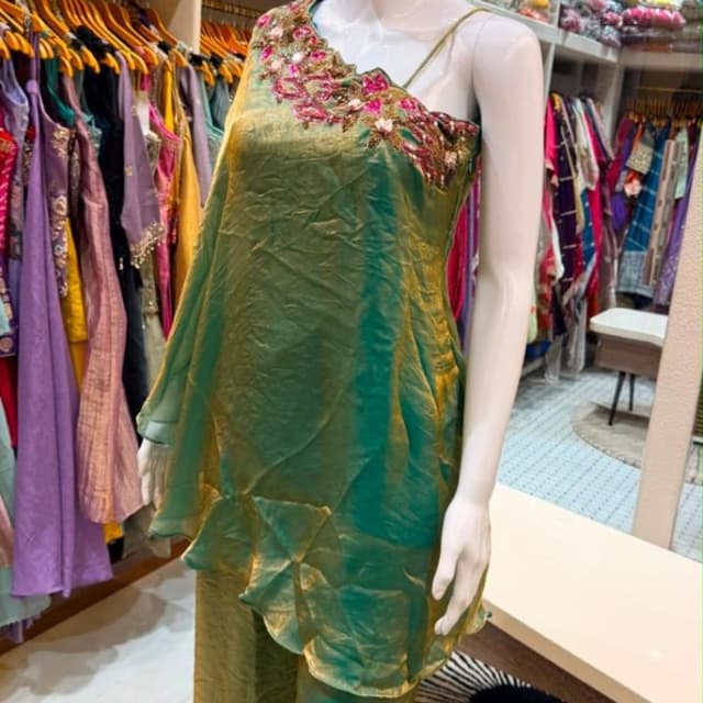 Green and gold iridescent with pink and maroon accents Co-ord set (One-shoulder top and trousers)
