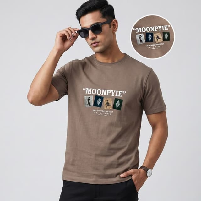 Brown base with multicolored graphic accents T-shirt