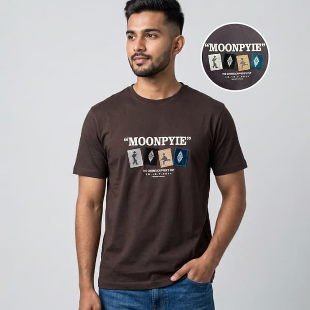 Dark brown base with white, grey, black, tan, and blue accents T-Shirt