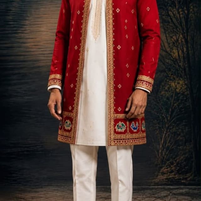 Deep Red, Cream, Gold Indo-Western Sherwani Set